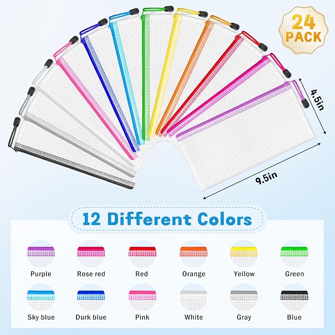 24 Pack Pencil Pouch Bulk, 9.5" x 4.5" Mesh Zipper Pouch, 12 Colors | Small Clear Zipper Pouch Pencil Case for Supplies Storage, Travel, Cash, Cosmetics, Office with Translucent Waterproof PVC