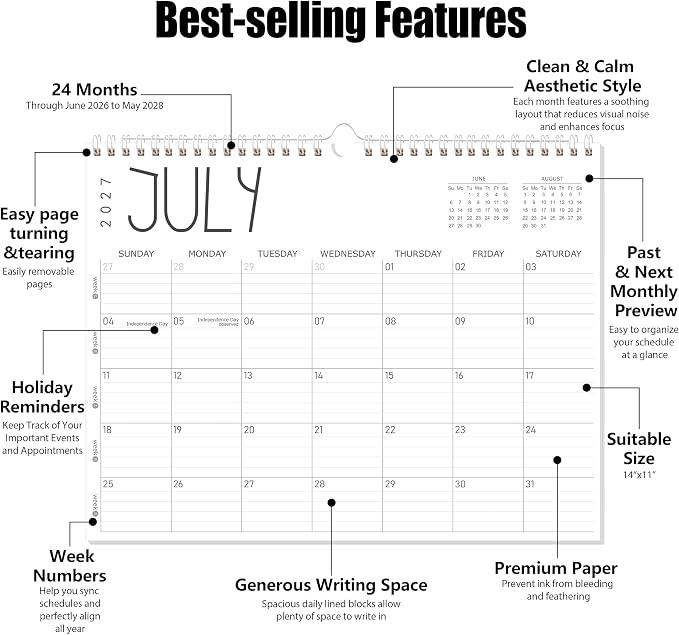 GuassLee Wall Calendar 2026-2028, 24-Month Academic Calendar Runs from June 2026 until May 2028,14" X 11" Hanging Monthly Planner with Thick Paper, Ruled Blocks for Home School Office Organizing