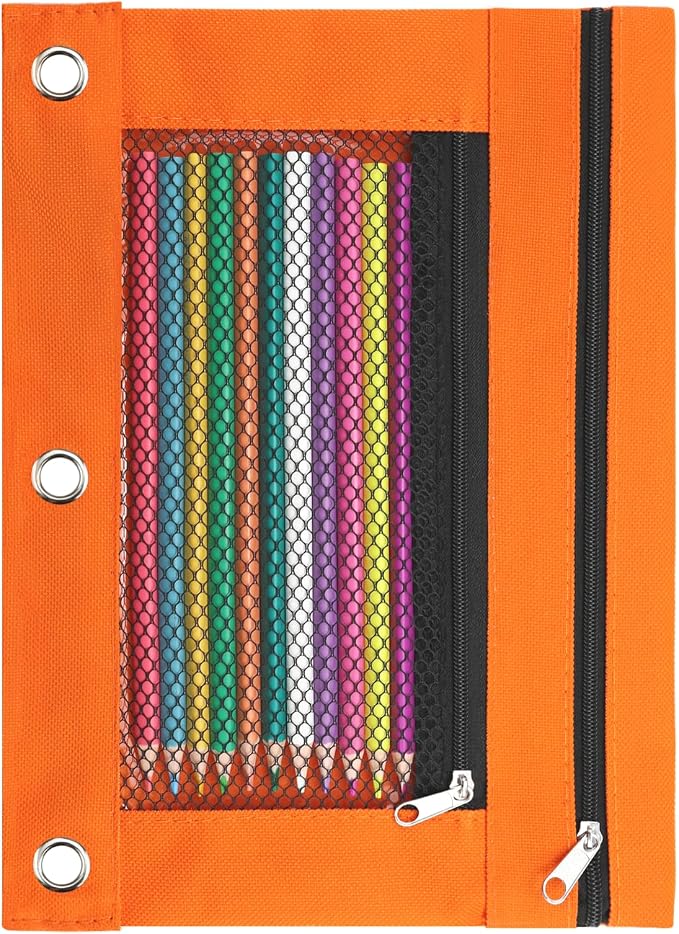 Pencil Pouch for 3 Ring Binder, Pencil Case with Zipper, 600D Fabric Pencil Pouch Bag Holder Accessories, Clear Window Pencil Case Aesthetic Back to School Organizer Pockets for Boy Girl (Orange)
