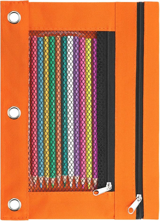 Pencil Pouch for 3 Ring Binder, Pencil Case with Zipper, 600D Fabric Pencil Pouch Bag Holder Accessories, Clear Window Pencil Case Aesthetic Back to School Organizer Pockets for Boy Girl (Orange)