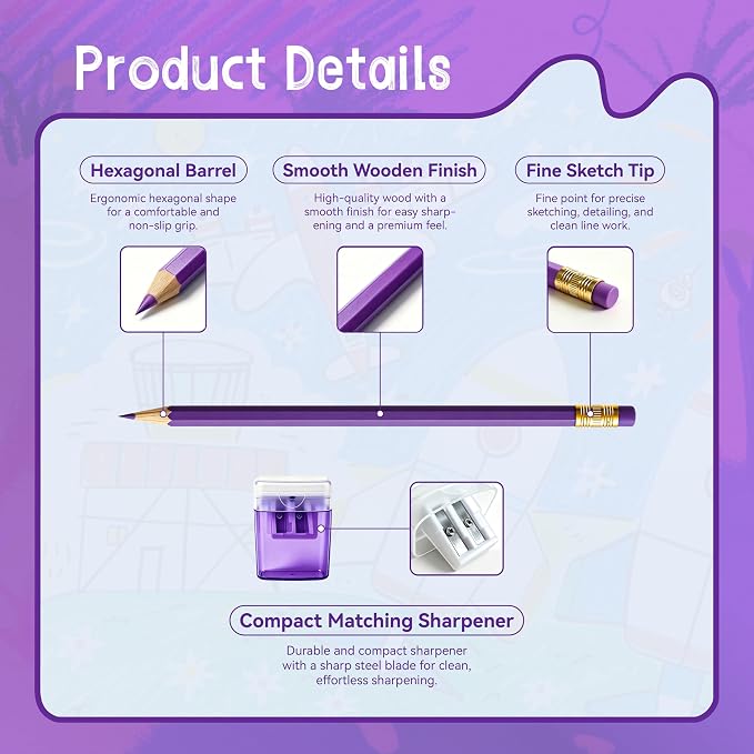 12 Pcs Purple Pencils with Eraser for Kids HB Erasable Pencils Pre-Sharpened Professional Wooden Pencils Set with Smooth Lead Cores, Ideal for School Drawing, Sketching, Coloring and Creative Projects
