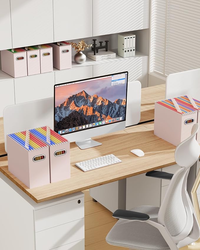Oterri File Organizer Box, Portable Collapsible Cardboard File Folder Organizer with Handle for Letter Size Hanging Files, Document Storage Box for Home Office & Classroom (4 Packs, Light Pink)