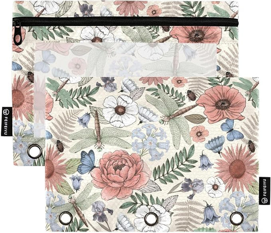 ALAZA Pencil Pouch for 3 Ring Binder, Boho Flowers and Dragonflies Binder Pencil Pouches with Clear Window Zipper Pencil Case Cosmetic Bags for Office College Supplies, 2PCS