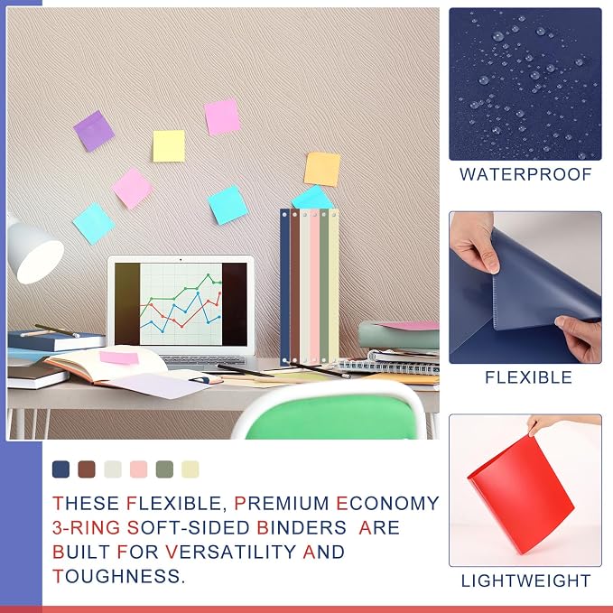 Fulmoon 6 Pack Plastic 3 Ring Binder Assorted Colors Economy Flexible Round Ring Presentation Binders with Pocket for Office School Meeting(0.5 Inch,Morandi Colors)
