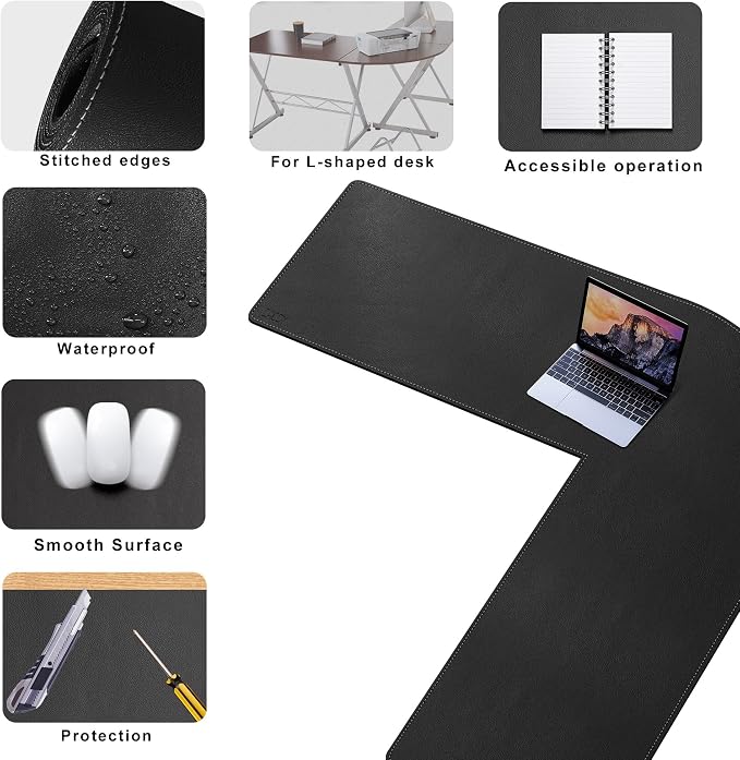 Cacoy 59" x 63" L Shaped Computer Desk Pad, PU Leather Desk Mat Protector, Waterproof Office Desk Pad Blotter, Extended Corner Desk Mouse Pad for Home and Office, Black