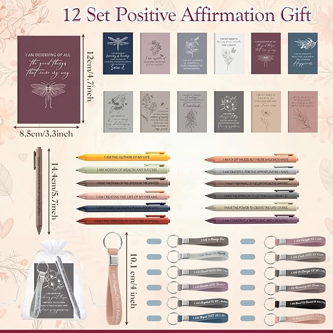 Mooliwe 12 Set Positive Affirmation Gift Set Gratitude Notebooks with Pens Keychains Small Bags Motivational Party Favors for Adult Women Coworkers Employee Group (Flower)