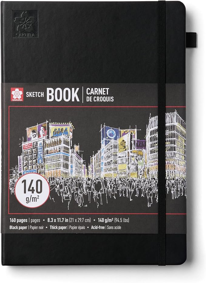 Sakura Sketchbook A4 - Drawing Sketchbook for Visual Journaling, Effortless Sketching & Personal Use - 140 GSM Paper - Hardcover Hardcover - 160 Pages - 8.3 x 11.7" - Black - Black Paper