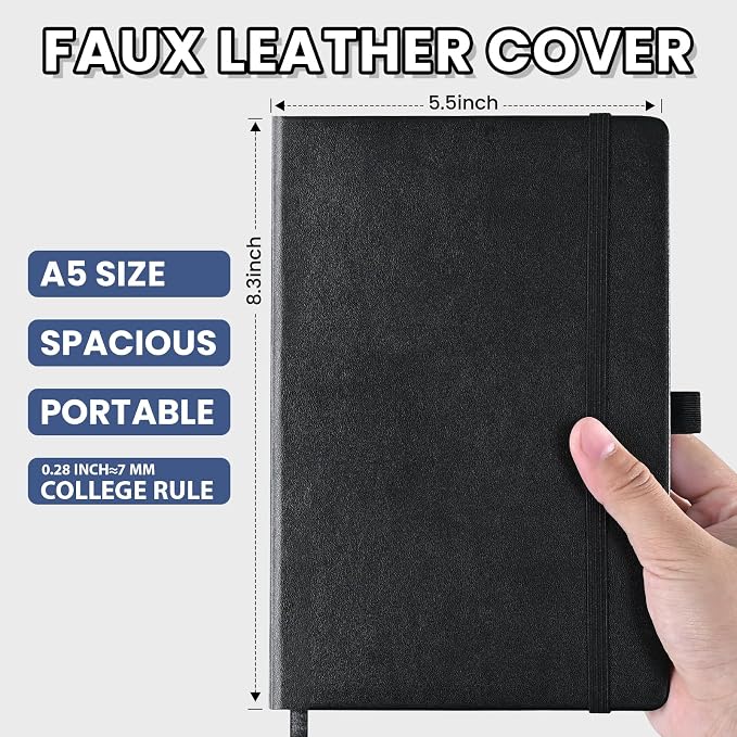 SUIN Lined Journal Notebook, Leather Hardcover Journal for Work, School, Travel, 100 GSM Paper, 160 Pages, 5.5x8.3 Inch, College Ruled, Black, 1-Pack