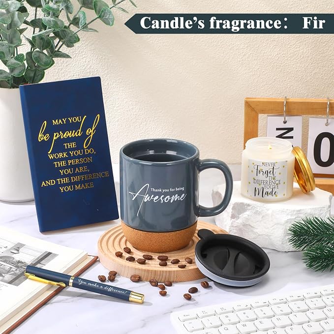 Sayglossy 4 Pcs Thank You Gifts Set for Men Back to School Teacher Appreciation Gift Leather Notebook Inspirational Coffee Mug Scented Candle Ballpoint Pen for Male Employee Coworker Nurse Boss, Blue