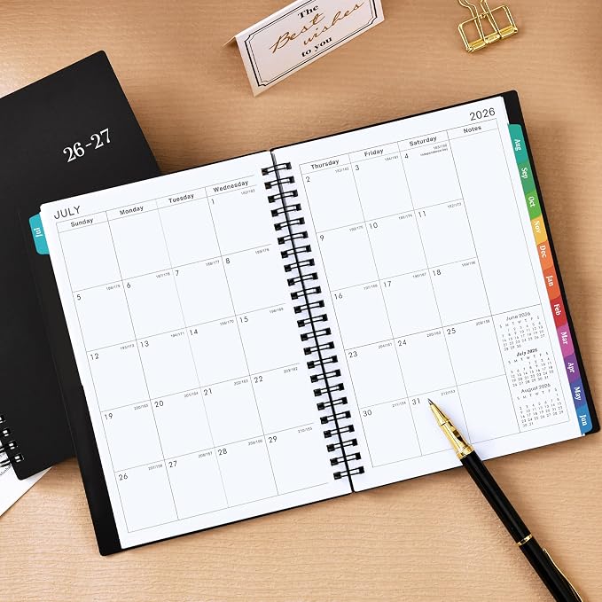 Academic Planner 2026-2027, July 2026 - June 2027, 6.3" x 8.4" | 26-27 Planner Weekly and Monthly, Colorful Tabs, PP Cover, A5 Thick Paper, Twin-Wire Binding - Black