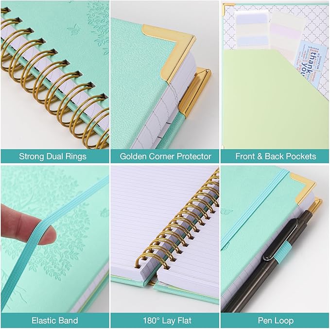 Spiral Notebook, College Ruled Notebook, A5, 300 Pages Leather Journals for Writing, 5.7" x 8.5", Hardcover Journaling Notebooks for Work School, 24pcs Tabs, Large Embossed Journal for Women Men, Teal
