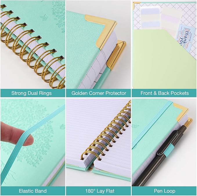 Spiral Notebook, College Ruled Notebook, A5, 300 Pages Leather Journals for Writing, 5.7" x 8.5" Hardcover Journaling Notebooks for Work School, 24pcs Tabs, Large Embossed Journal for Women Men, Black
