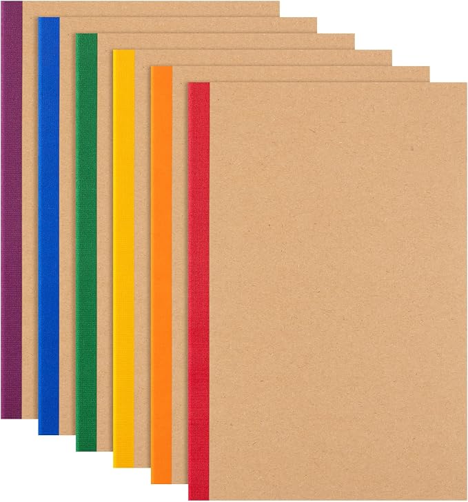 ALKALO 6 Pack Lined Notebook Journals Bulk, A5 College Ruled Composition Notebook, 8.3”x 5.5”,Kraft Cover with Rainbow Spines, 6 Colors 60 Pages for School Office Travel