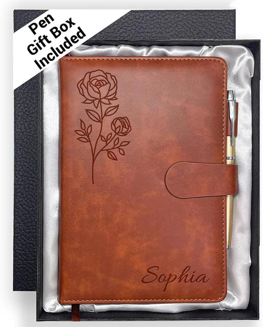 Personalized Leather Journal with Gifts Box & Pen, Birthday Gifts for Women | Custom Notebooks Diary with Engraved Birth Flower Name, Christmas Office Gift for Bridesmaid Students Teacher Mom Friend