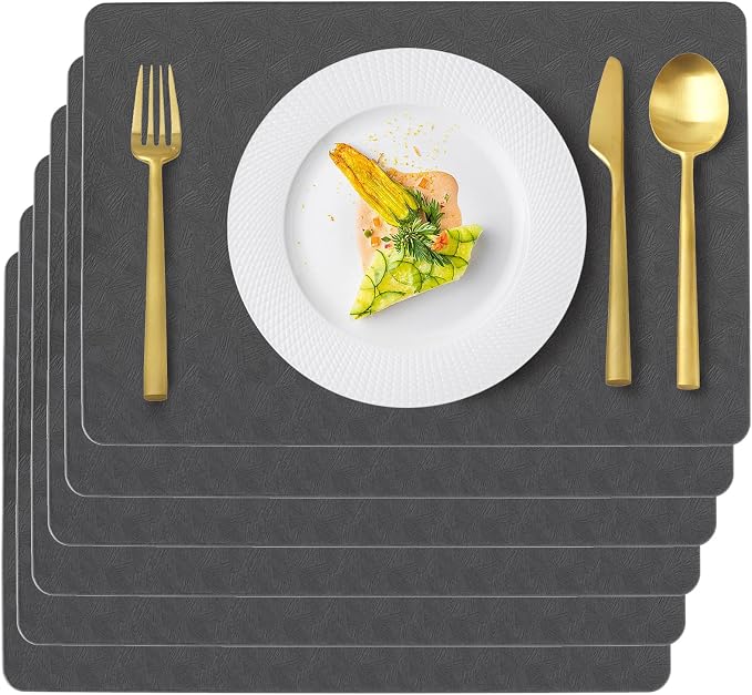Gray Plastic Vinyl Placemats Set of 6, Waterproof Heat Resistant Table Mats,Faux Leather Wipeable Washable Easy Clean Non-Slip Place Mats for Indoor Outdoor(6,Gray)