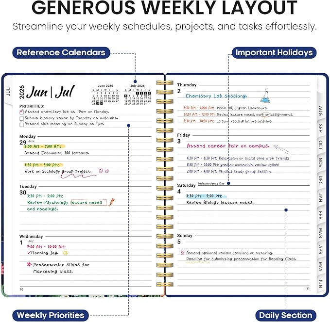 Planner 2026-2027, Academic Year Monthly and Weekly Calendar Planner, Jul 2026 - Jun 2027, Hardcover Teacher Student Planning Agenda book with Tabs, Perfect for School Office Supplies, 6.3" x 8.5" - Lavish Bloom