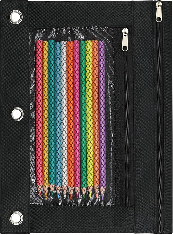 Pencil Pouch for 3 Ring Binder, Pencil Case with Zipper, 600D Fabric Pencil Pouch Bag Holder Accessories, Clear Window Pencil Case Aesthetic Back to School Organizer Pockets for Boy Girl (Black)