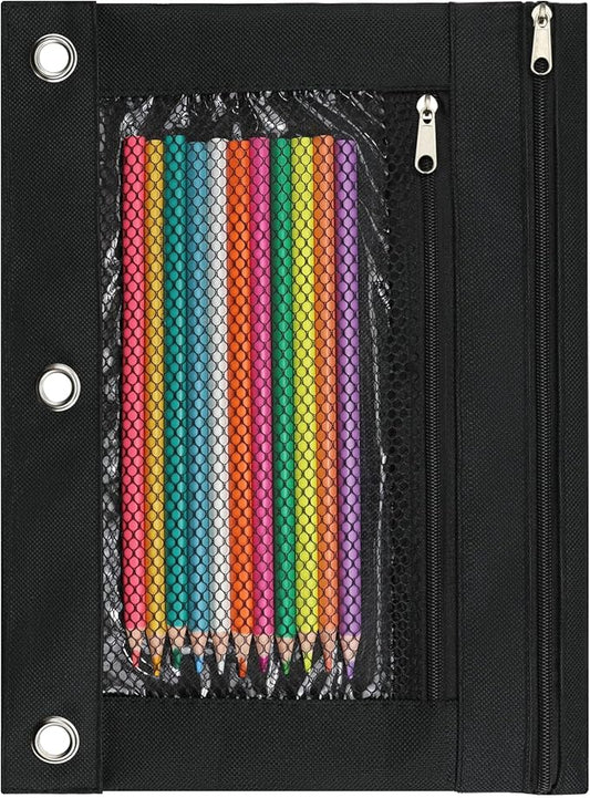 Pencil Pouch for 3 Ring Binder, Pencil Case with Zipper, 600D Fabric Pencil Pouch Bag Holder Accessories, Clear Window Pencil Case Aesthetic Back to School Organizer Pockets for Boy Girl (Black)