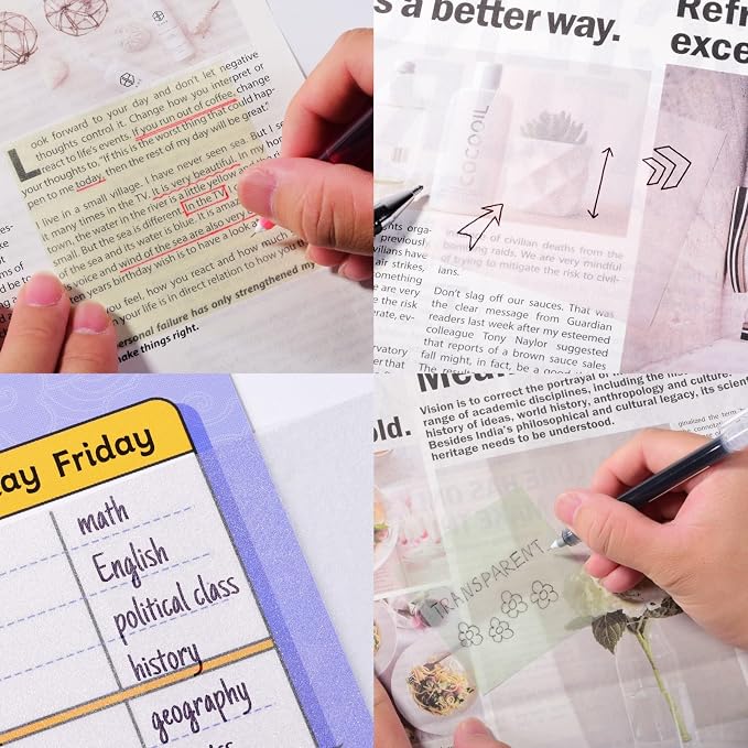 Gel Pen Friendly Transparent Sticky Notes - Translucent Matte Clear Pads for Annotating Books, 3x3 in, 4 Pads 200 Sheets, Quick Dry Smudge-Free See Through Notes