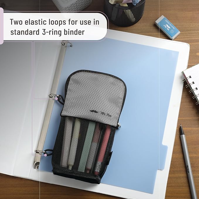 Mr. Pen- Standing Pencil Case Pouch, Sit & Lay Mesh-View Design | Black & Gray, Interior Pocket & 2 Elastic Binder Loops, Cute Pencil Case for Girls and Boys