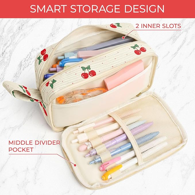 WOBAGMEN Cute Pencil Case,Large Corduroy Zippered Pencil Case Pouch, Aesthetic Pencil Bag with Compartments, Pencil Pouch School Supplies (Cherry Polka Dots)