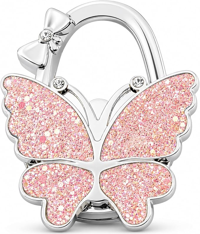 Purse Hook for Table, Foldable Handbag Hanger for Women, Portable Bag Holder with Non-Slip Base, Cute Bling Pink Glitter Butterfly Purse Table Hook for Restaurant Office Travel Gift