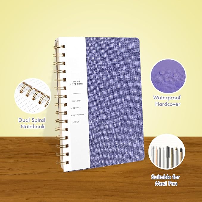 Spiral Notebook-5.75" x 8.125" College Ruled Journal with Inner Pockets and 160 Pages,PU Leather Cover Business Journal, Twin-Wire Binding Notebook Perfect for Office & Home School Supplies 3 pack ArmyGreen/Violet/LightYellow