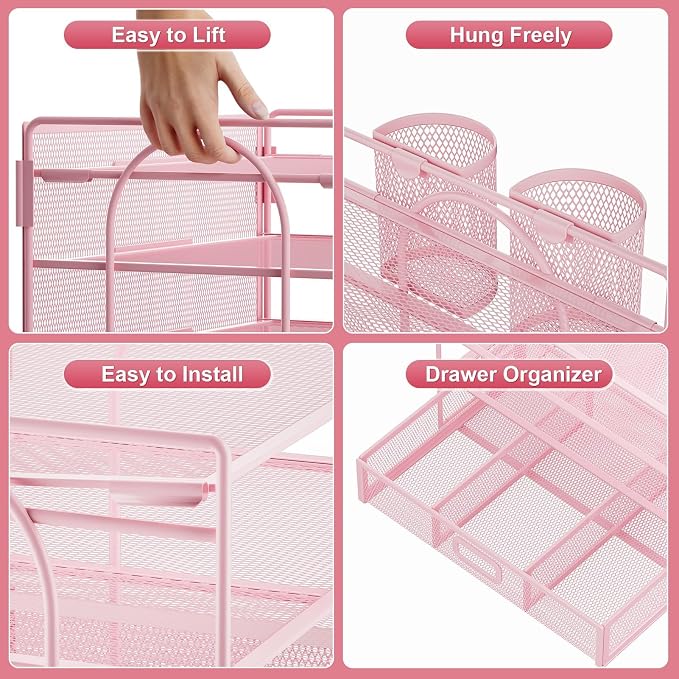Marbrasse Desk Organizer and Accessories, 4-Tier Paper File Letter Tray Accessories & Workspace Desk Organizers with Drawer and 2 Pen Holders for School Home Office Supplies(Pink)-2P