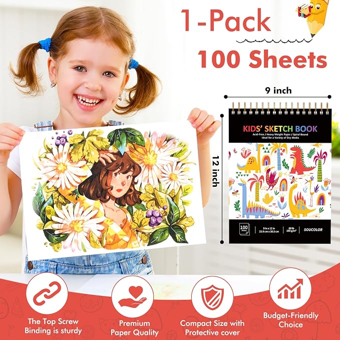 Soucolor Sketch Book for Kids, 9" x 12" Kids Sketchbook | 100 Sheets |Acid-Free Drawing Paper |Spiral bound| Lightweight fine-texture matte
