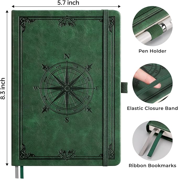 AHGXG Blank Journal Notebook, 192 Pages, A5 Medium Size (5.7'' x 8.3'') | Leather Hardcover, 100 GSM Thick Paper, for Sketching, Drawing, Painting (Dark green)