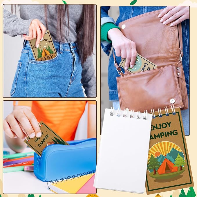 Atiloy 24 PCS Mini Notebooks Bulk for Camping Party Favors Small Pocket Notepad for Camping Journal Spiral Notebook for Work Home Office School Adventure Gifts, 8 Design