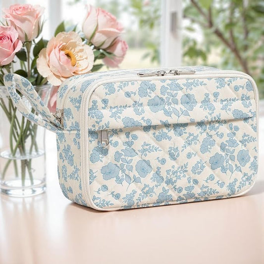 WOBAGMEN Quilted Pencil Pouch for Girls Women, Large Pencil Case Pouch with Compartments Cute Aesthetic Pencil Case Organizer, Floral Pencil Bag for School Supplies (blue floral)