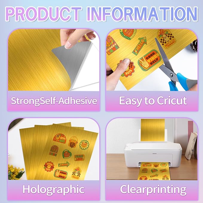 STARLIBOO Gold Printable Sticker Paper, 25 Sheets Printable Holographic Gold Sticker Paper, Laser/Inkjet Printing-Letter Size (8.5" x 11")
