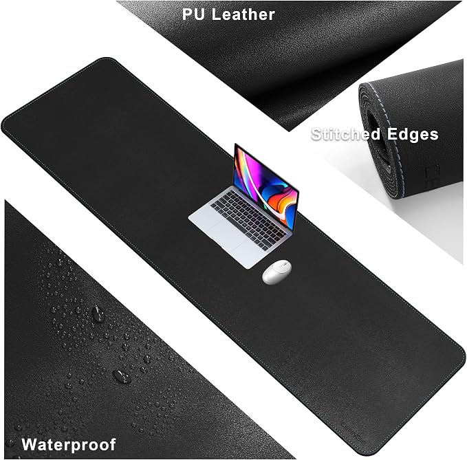 CENNBIE Leather Desk Mat Large, 63" x 19.6" Desk Pad Protector(Black) | Premium stitched edges resist wear. Easy to clean. Protects desk from spills, stains ,scratches. Smooth glide. Office & home.