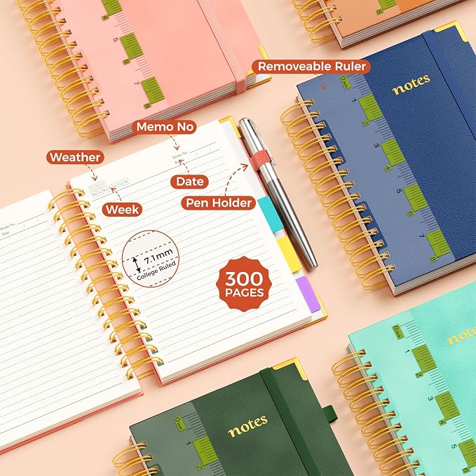 XYark A5 Hardcover Spiral Notebook, 6.3"x8.5" College Ruled Notebooks with Removable Dividers Tabs & Ruler, 5 Subject Notebook 300 Pages, Small Lined Journal for Women Men School Work Office, Blue