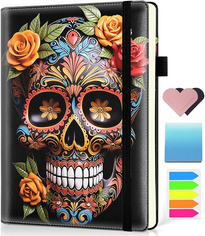 Hardcover Executive Notebooks, A5 PU Leather Lined Journal Notebook, 200 Pages Thick Paper Subject Notebooks for School,Work,Home Writing Business Notebook, Diary Book ， Sugar Skull Rose