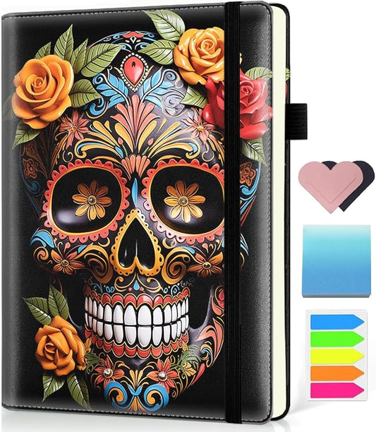 Hardcover Executive Notebooks, A5 PU Leather Lined Journal Notebook, 200 Pages Thick Paper Subject Notebooks for School,Work,Home Writing Business Notebook, Diary Book ， Sugar Skull Rose