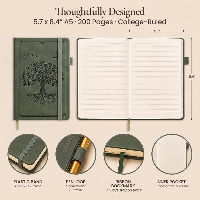 Lined Journal Notebook Hardcover Leather Bound 200 Pages A5 Green Diary | College Ruled 5.7x8.4" Journaling Notebooks for Men & Women, Writing for Personal, Small Travel Daily Note Book Tree of Life