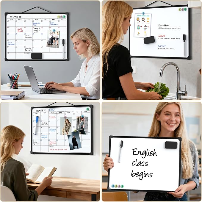 MaxGear Monthly Calendar Dry Erase Board for Wall, 16"x12", Black Frame | Double-Sided, Hanging Small White Board, Portable Whiteboard for Planning, Drawing, Memo, to Do List, Home, Kitchen, Office