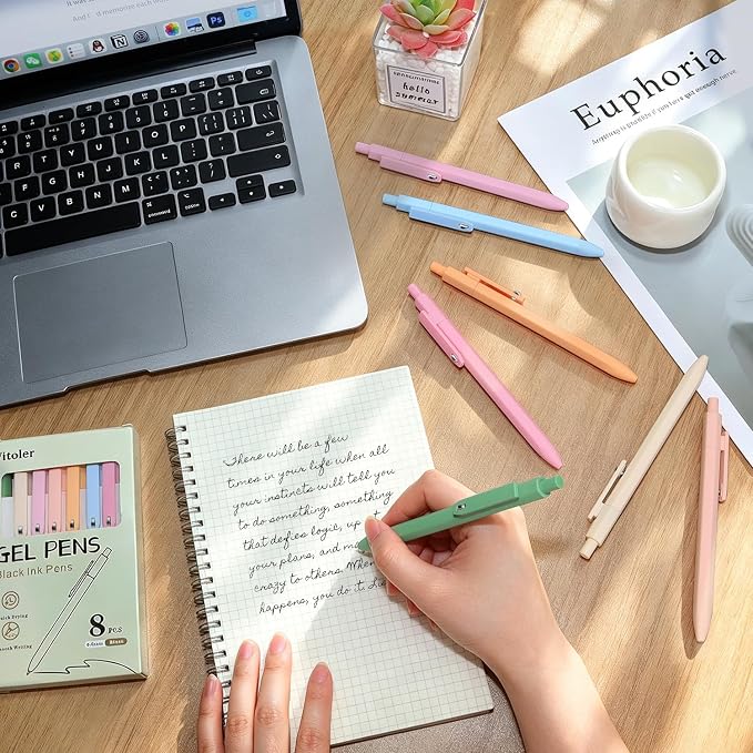 Piochoo Aesthetic Pens, 8 Pcs 0.5mm Gel Pens, No Smudge Quick Dry Smooth Writing Pens, Cute Black Ink Journaling Pens for Women Nurse School Office Desk Accessories