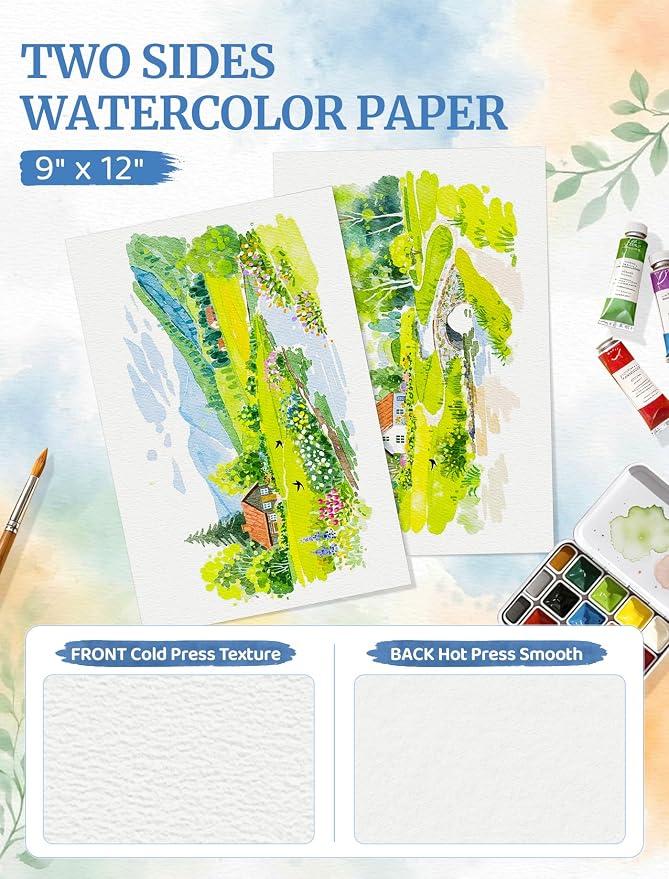 105 Sheets Watercolor Paper 9x12, Cold Press Watercolor Paper Bulk, 140 LB/300 GSM Water Color Paper 9x12, Art Supplies for Kids Adults, Watercolor Paper Pad for Painting, Sketching, Acrylic, Gouache