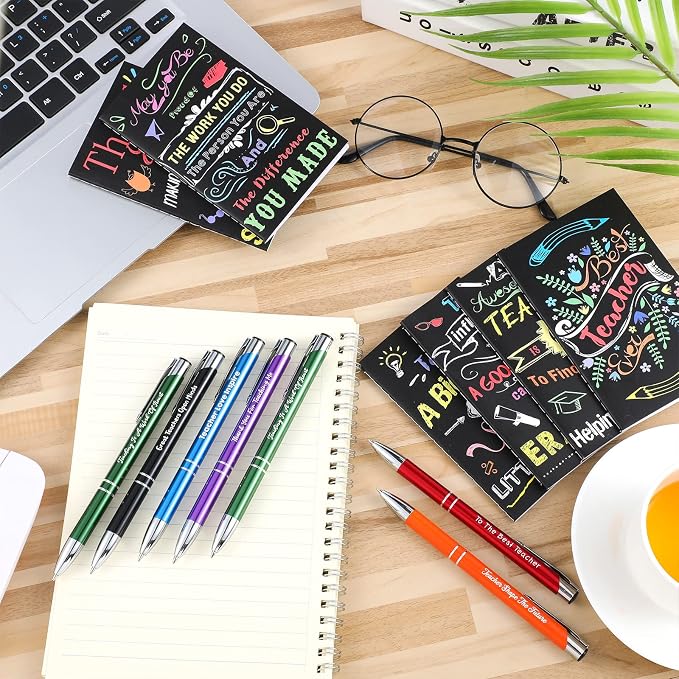 Geyee 24 Pcs Mini Motivational Pens Inspirational Notepads Bulk Appreciation Gifts Small Journals Funny Ballpoint Pen Set Prizes Men Women Office Travel Party Favors(Teacher)
