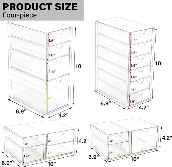 Prsildan 17 Drawers Teacher Toolbox Office Supply Organizer, Set of 4 | Clear Acrylic, Pull Out, Craft Desk Art Supply Accessories Vanity Countertop Bathroom Kitchen Cabinet Makeup Storage