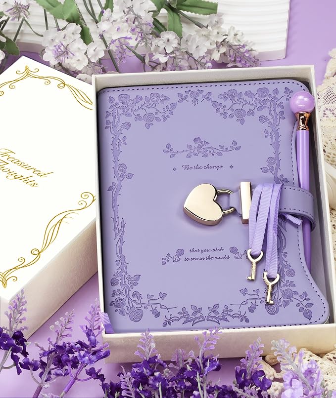 Hoci Poci Diary with Lock and Keys for Girls Gift Ideas, 360 Pages Journal | Elegant Gift Box for Teen Girls, B6 Gold Edged Pages Refillable Notebook with Pen and Bookmark for Writing, Garden Purple