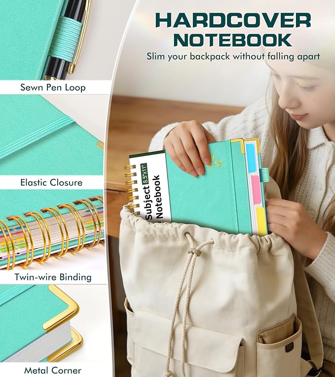 Hardcover Spiral Notebook Journal 8.5" x 11" Leather 5 Subject Notebook with Removable Dividers Tabs, 300 Pages Organizer Notebooks for Work School, College Ruled, Large Lined Journal for Women,Aqure