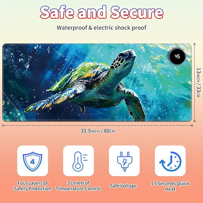 Heated Desk Pad Large Mouse Pad 31.5 x 13 inch with 3 Levels Heating & Auto Shut-Off Warm Mouse pad PU Leather Computer Mousepad for Home Office Work - Colorful Turtles