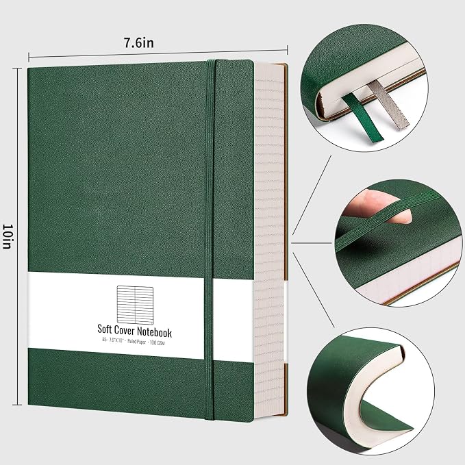 AHGXG Lined Journal Notebook, 320 Numbered Pages, B5 (7.6'' X 10'') | College Ruled Leather Journal for Women, 100gsm Thick College Ruled Paper, Softcover Journal for Writing Work School (Green)