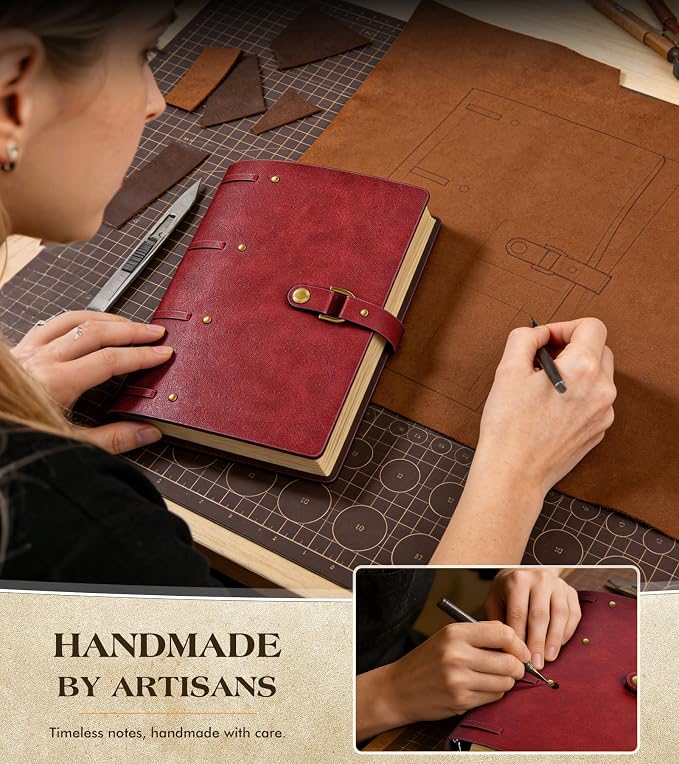 Leather Journal Notebook, A6 Size 5.3 x 7 inches 260 Pages Refillable Vintage Travel Notebook with Gift Box, 100 GSM Thick Lined Paper Journal Writing Diary Note Taking for Men and Women – Wine Red