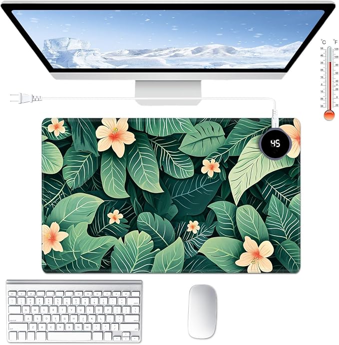 Heated Desk Pad Large Mouse Pad 23.6 x 14.1 inch with 3 Levels Heating & Auto Shut-Off Warm Mouse pad PU Leather Computer Mousepad for Home Office Work - Green Leaf Flowers