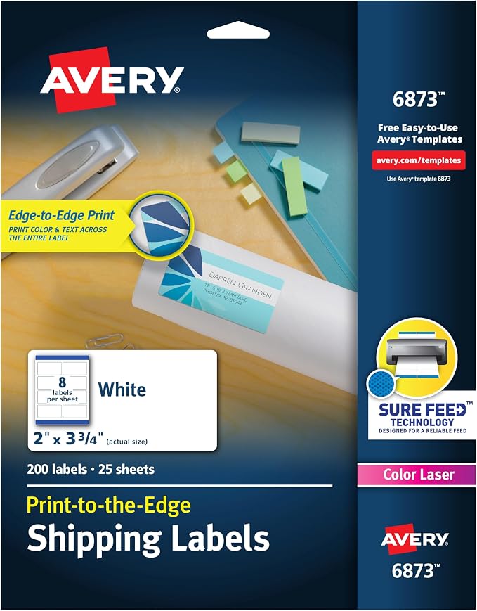 Avery Print-to-the-Edge Printable Shipping Labels, 2" x 3.75", Matte White, Sure Feed Technology, Laser & Inkjet Printer Compatible, 200 Blank Labels per Pack (5 Packs of 6873)